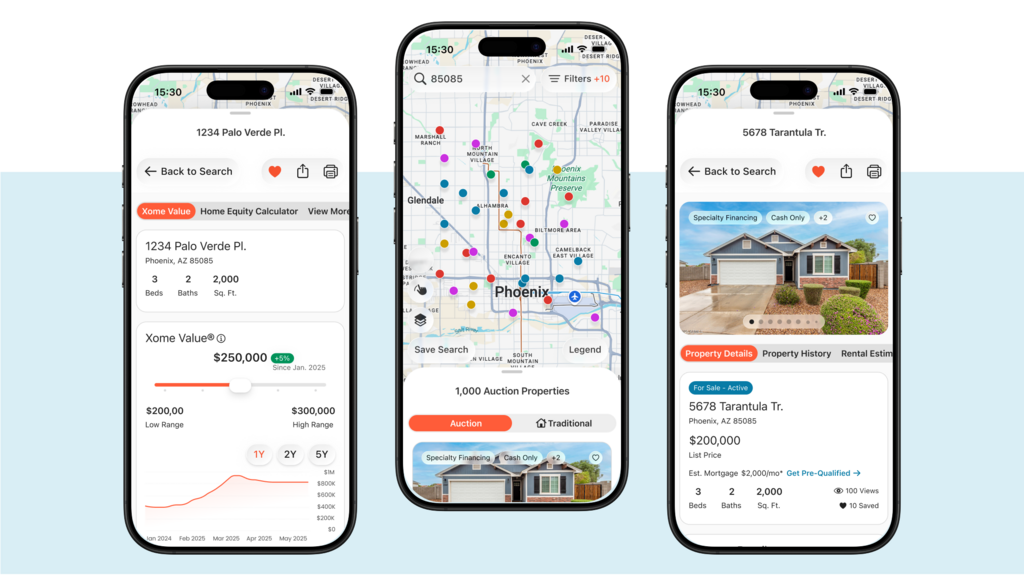 Image Description: This is a slide from a stakeholder presentation showing 3 screens comparing the Auction Product Details screen for mobile web, iOS App, and Android App.